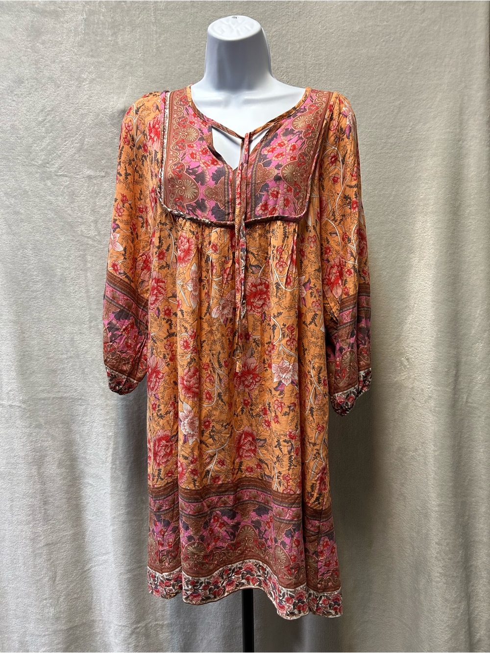 Boho Floral Long-Sleeve Dress in Mustard and Pink